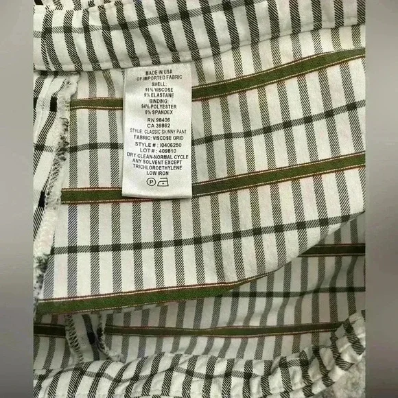Theory Classic Skinny Pant Plaid Viscose Grid Ivory Black Green Women’s Size 12
